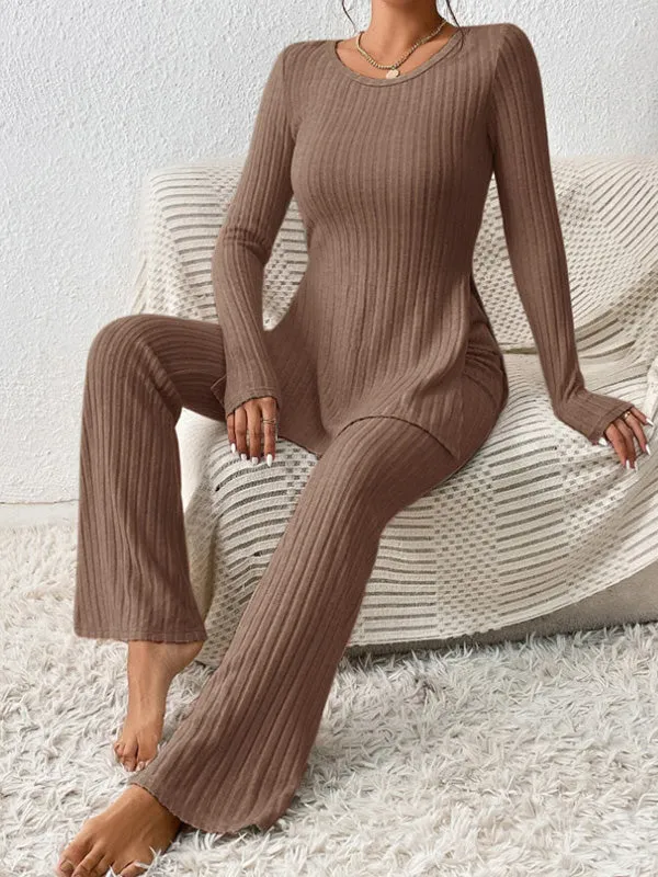 2Pcs Ribbed Knit Split Lounge Set