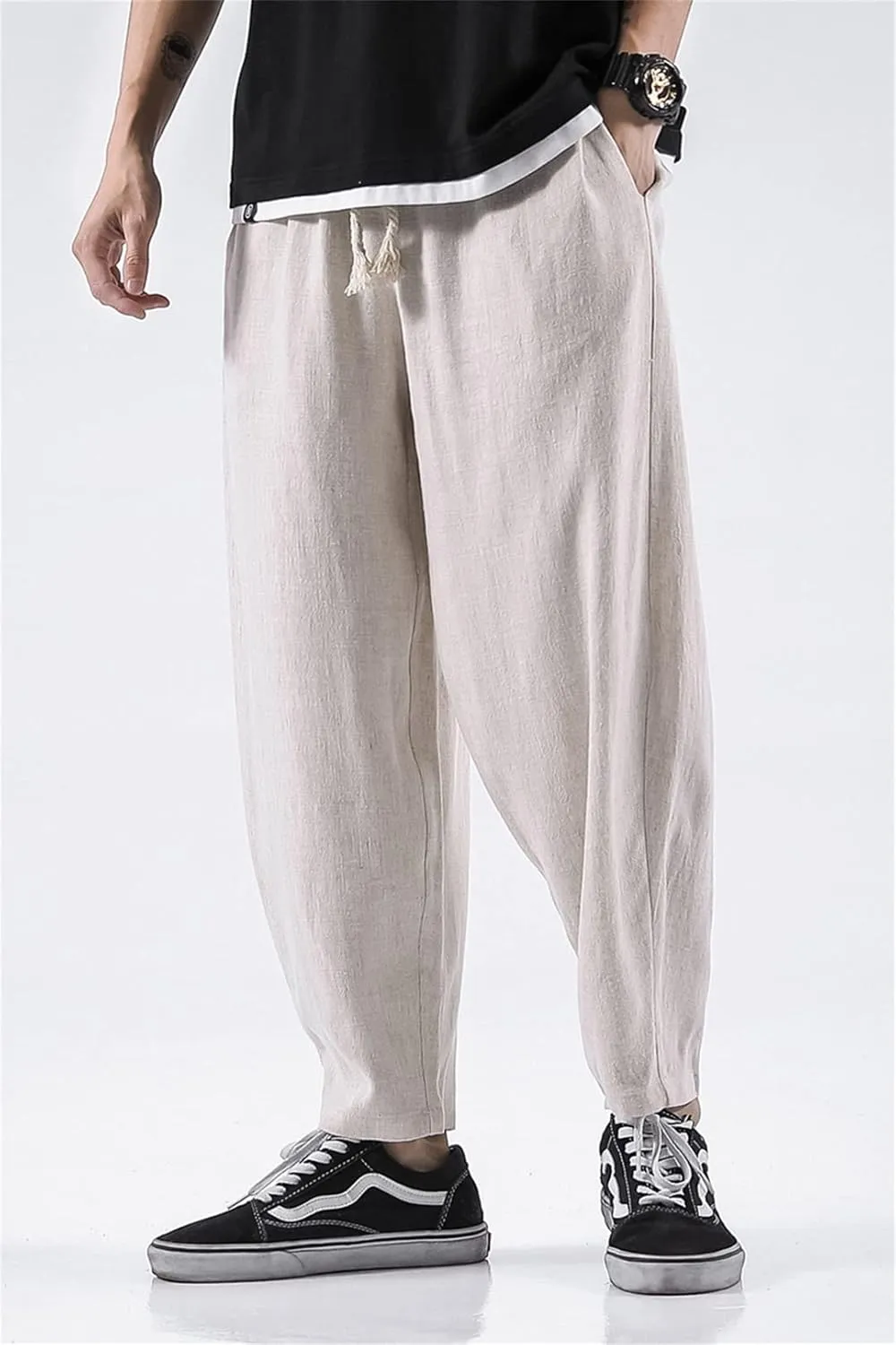 Alloaone Mens Breathable Linen Pants Elastic Waist Chinese Style Hemp Cotton Trousers Harem Pants