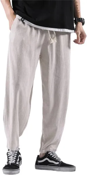 Alloaone Mens Breathable Linen Pants Elastic Waist Chinese Style Hemp Cotton Trousers Harem Pants