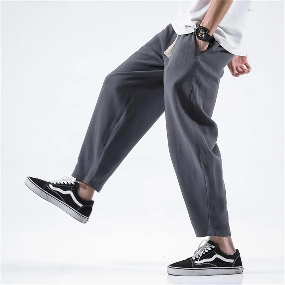 Alloaone Mens Breathable Linen Pants Elastic Waist Chinese Style Hemp Cotton Trousers Harem Pants
