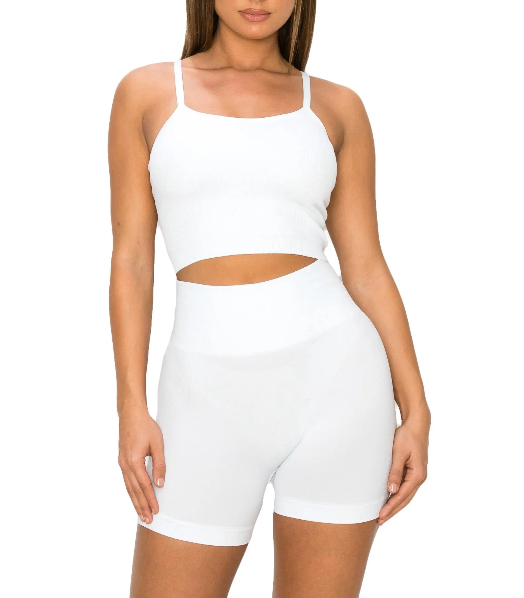 ALWAYS Women's Seamless 2 Piece Set - High Waisted Yoga Bike Workout Shorts and Cami Cropped Tank Top
