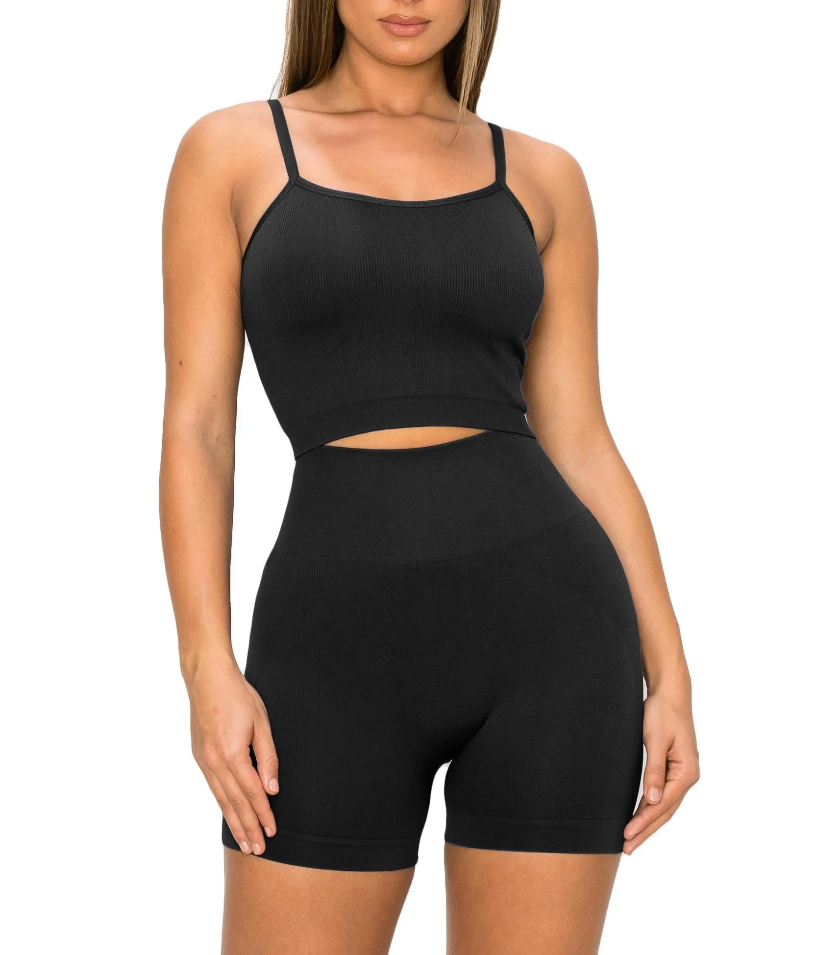 ALWAYS Women's Seamless 2 Piece Set - High Waisted Yoga Bike Workout Shorts and Cami Cropped Tank Top