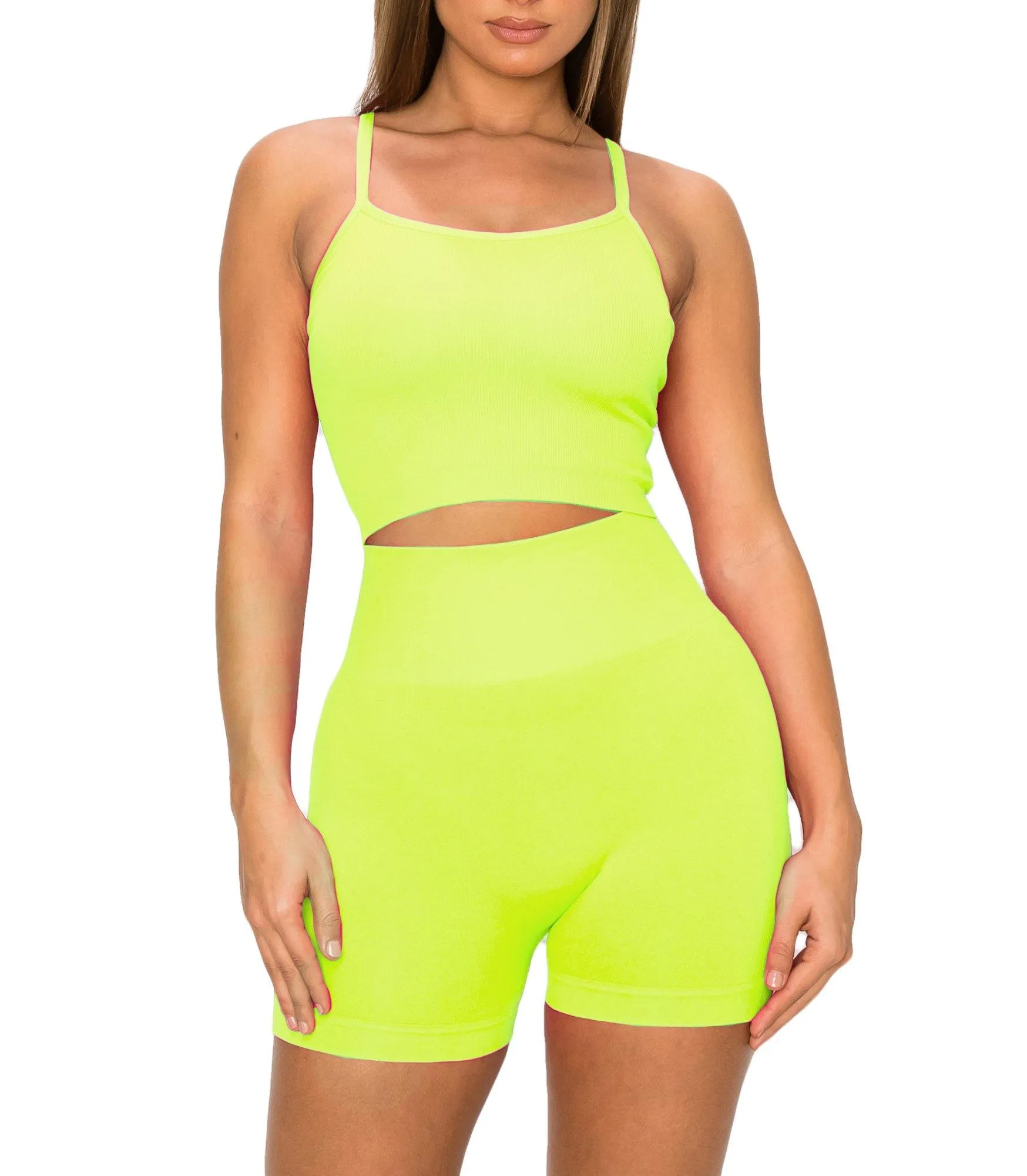 ALWAYS Women's Seamless 2 Piece Set - High Waisted Yoga Bike Workout Shorts and Cami Cropped Tank Top
