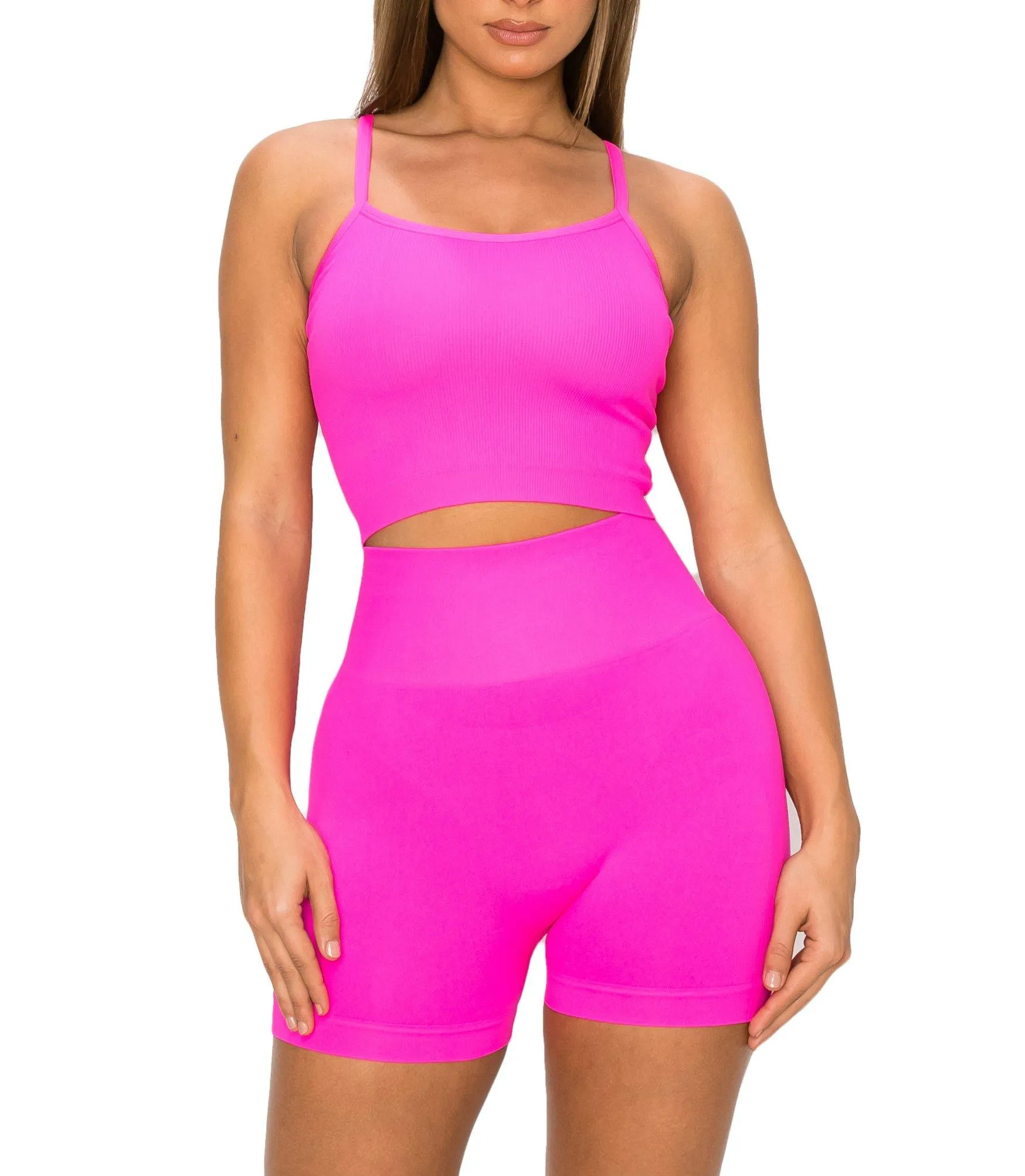 ALWAYS Women's Seamless 2 Piece Set - High Waisted Yoga Bike Workout Shorts and Cami Cropped Tank Top