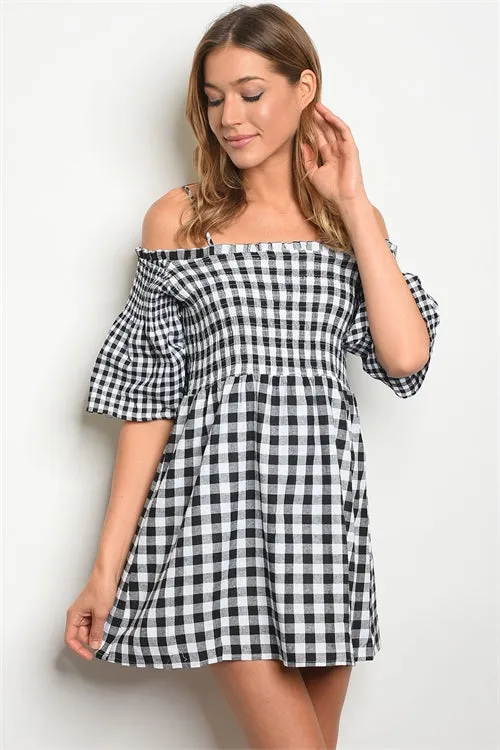 Black Gingham Check Cold Shoulder Dress