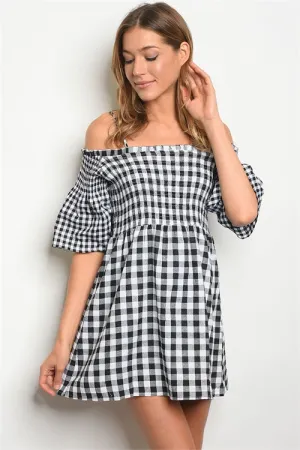 Black Gingham Check Cold Shoulder Dress