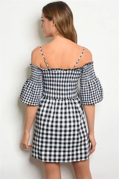 Black Gingham Check Cold Shoulder Dress