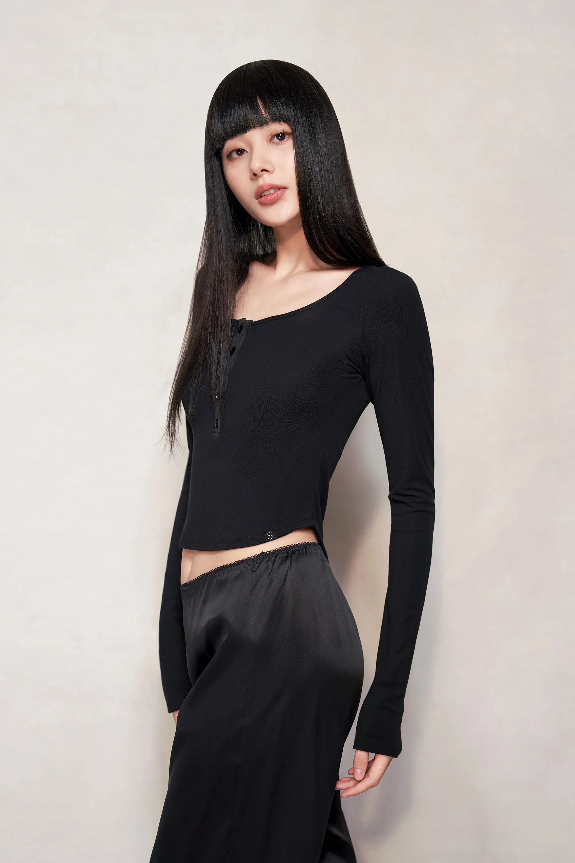 Black Silk Blend Knit Long Sleeve Top