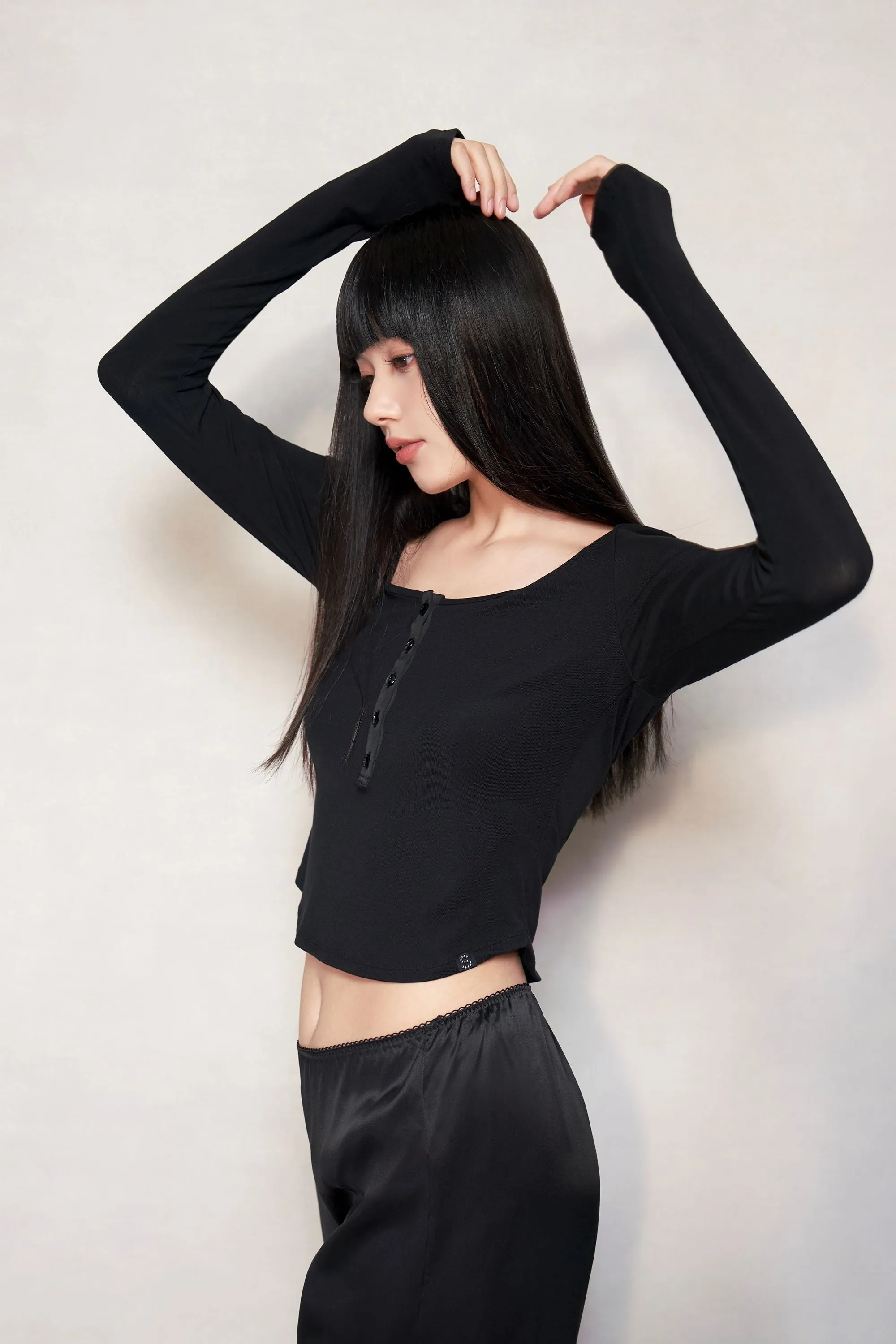 Black Silk Blend Knit Long Sleeve Top