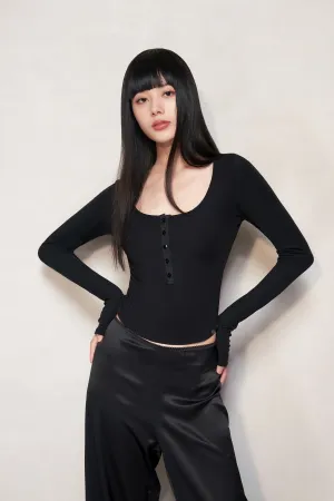 Black Silk Blend Knit Long Sleeve Top