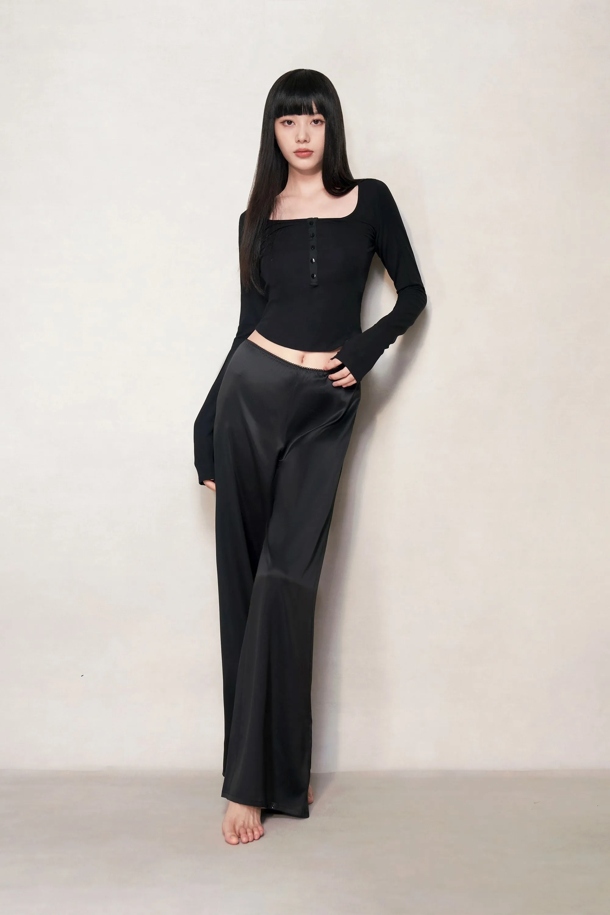 Black Silk Blend Knit Long Sleeve Top