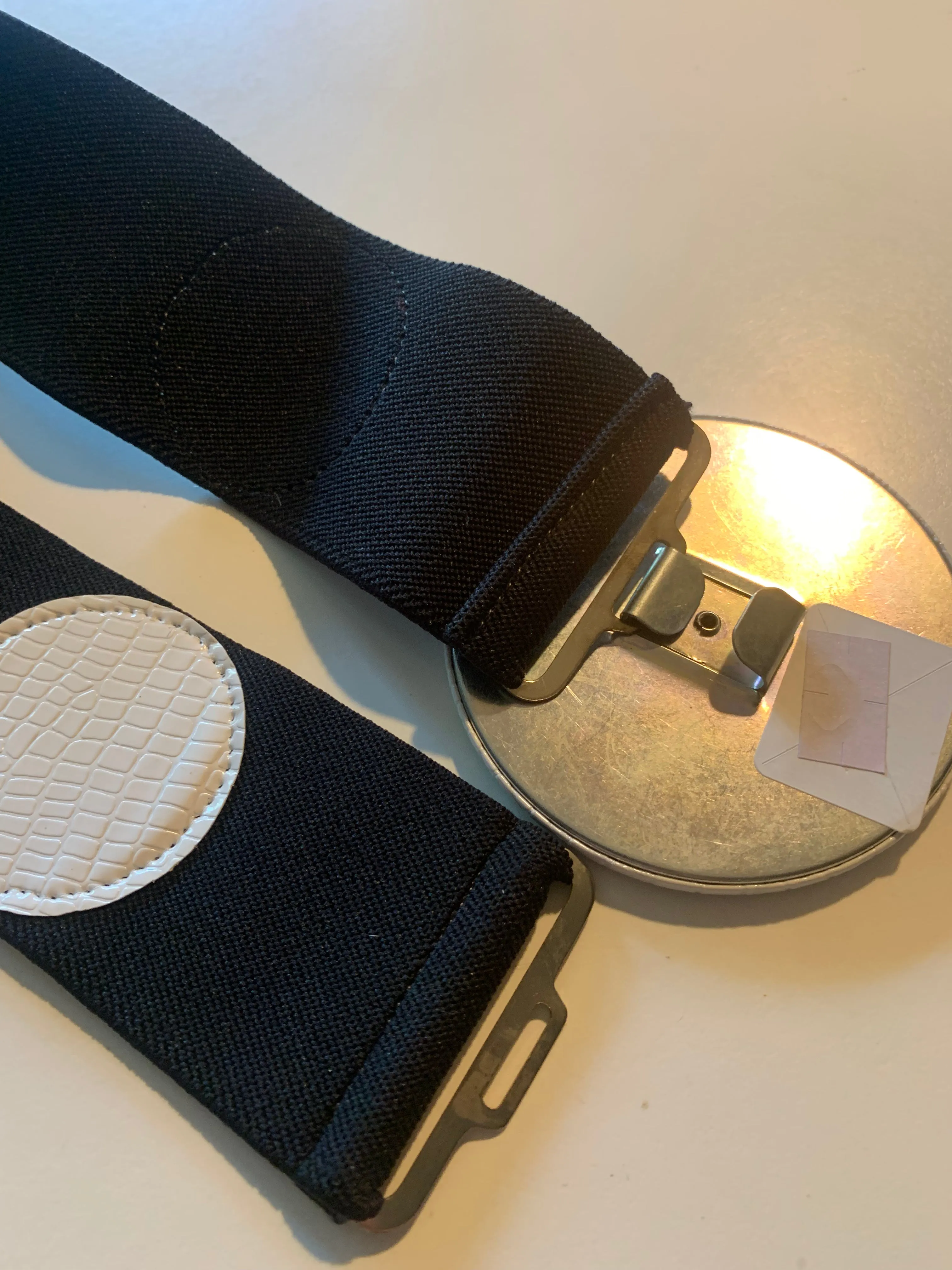 Black Wide Elastic New Wave Belt with Vinyl Dots and Circle Clasp circa 1980s