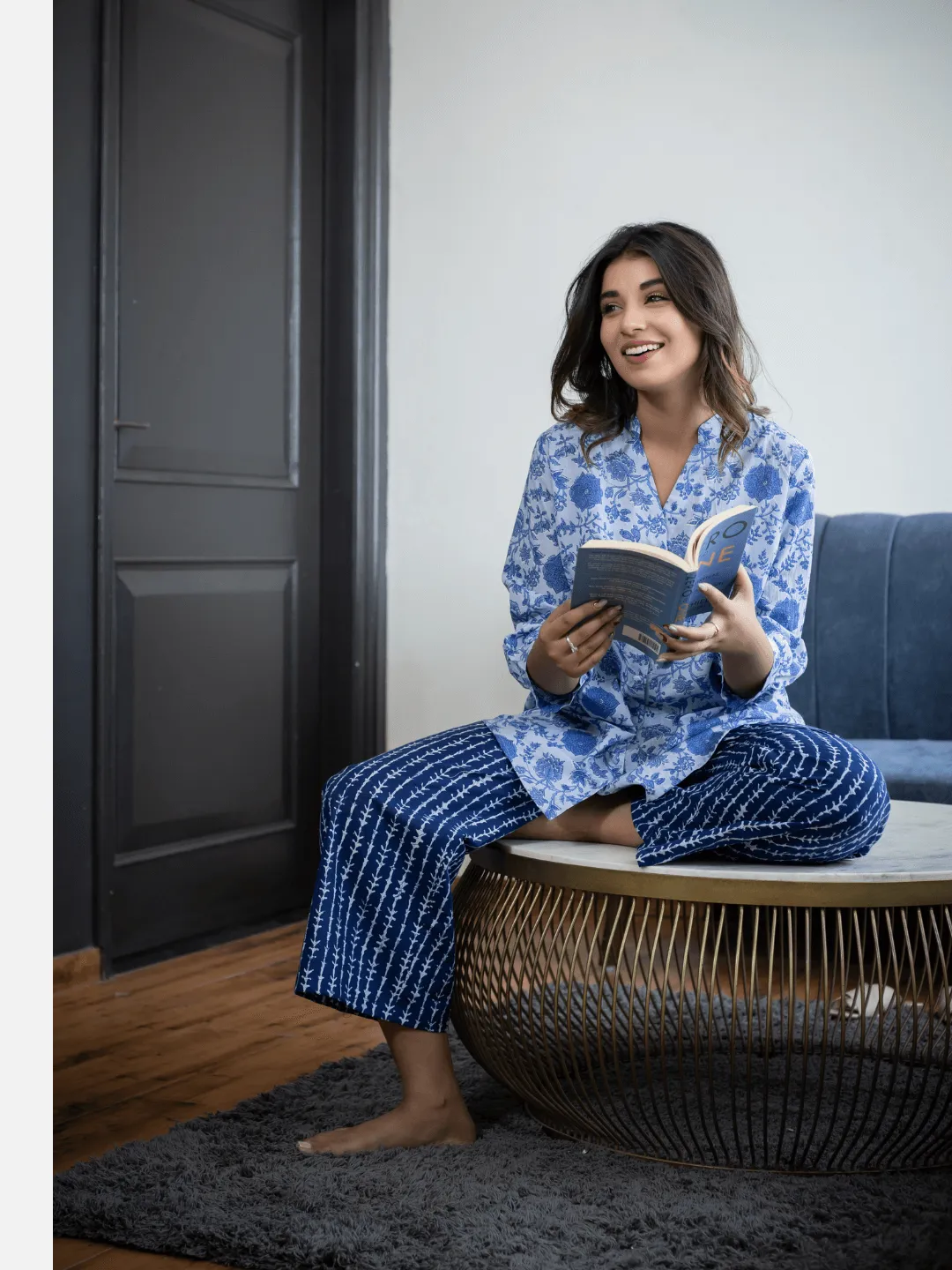Blue Back pleated indigo Cotton Loungewear