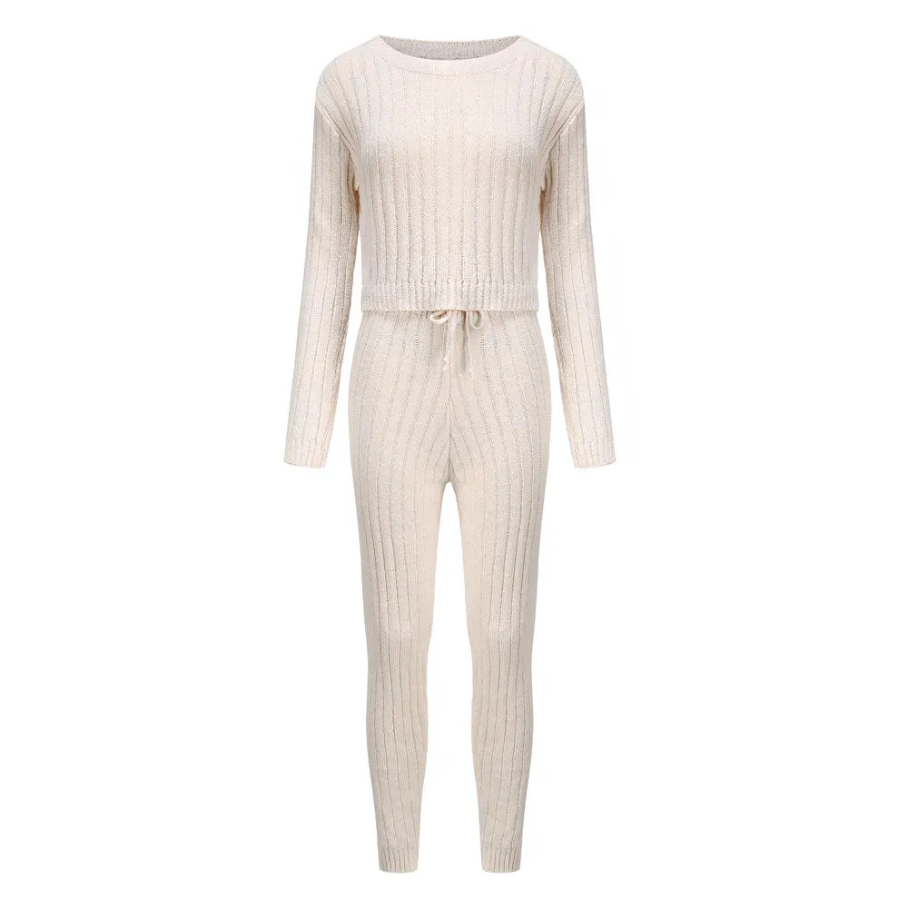 Chunky Cream Rib Knit Cutout Back Crew Neck Sweater And Pants Matching Set