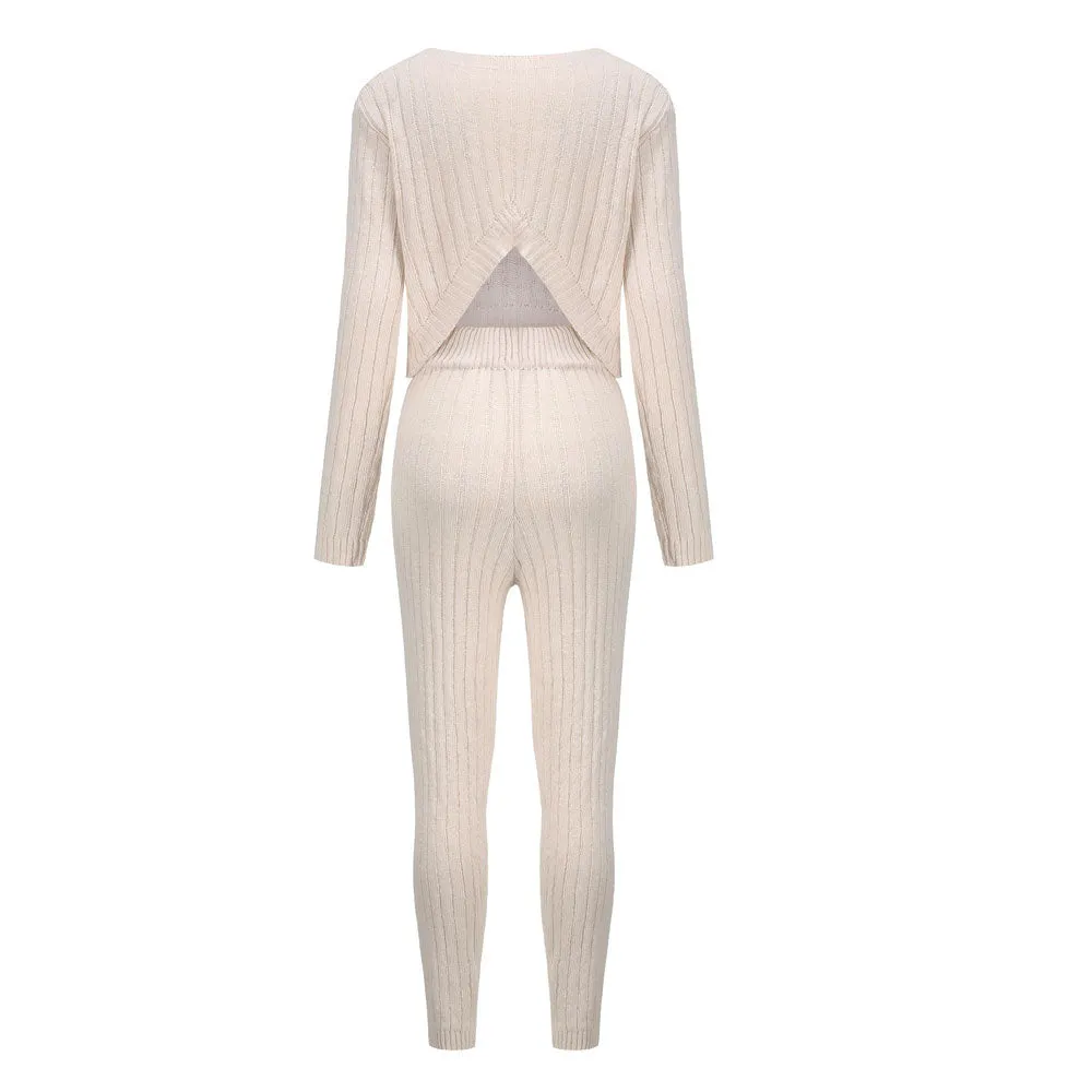 Chunky Cream Rib Knit Cutout Back Crew Neck Sweater And Pants Matching Set