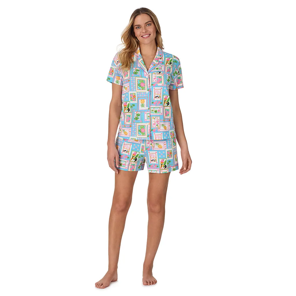 Cotton-Blend Short Sleeve Notch Collar with Boxer Short 2-Pc Pajama Set