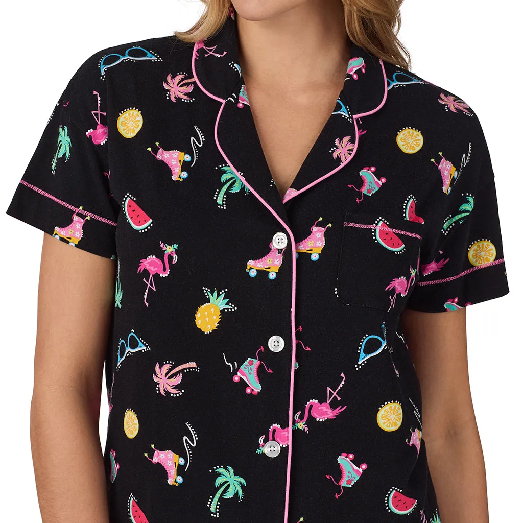 Cotton-Blend Short Sleeve Notch Collar with Boxer Short 2-Pc Pajama Set