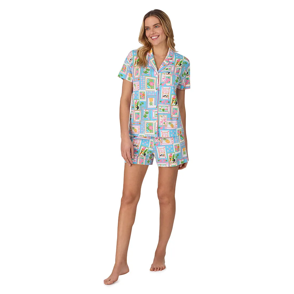 Cotton-Blend Short Sleeve Notch Collar with Boxer Short 2-Pc Pajama Set