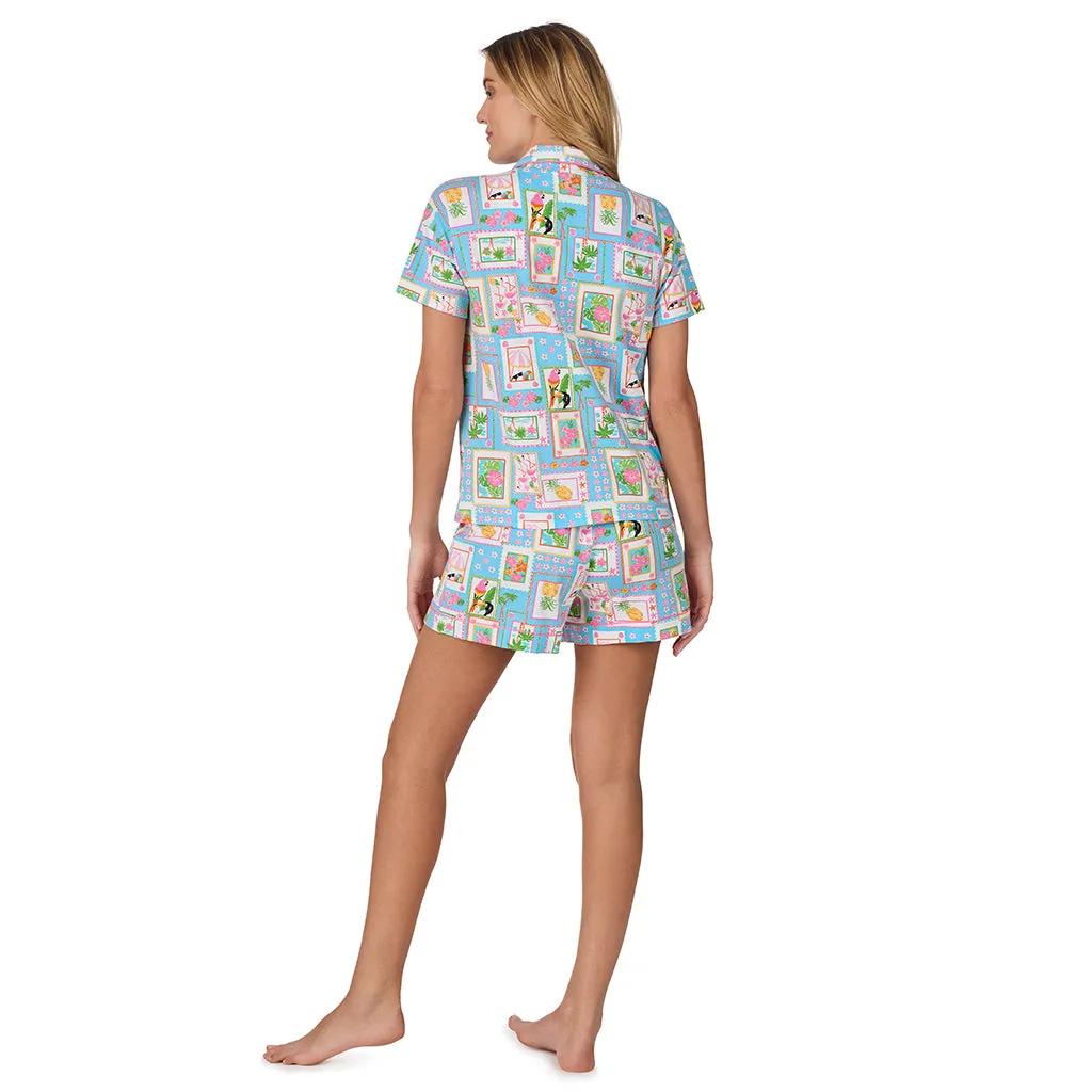 Cotton-Blend Short Sleeve Notch Collar with Boxer Short 2-Pc Pajama Set