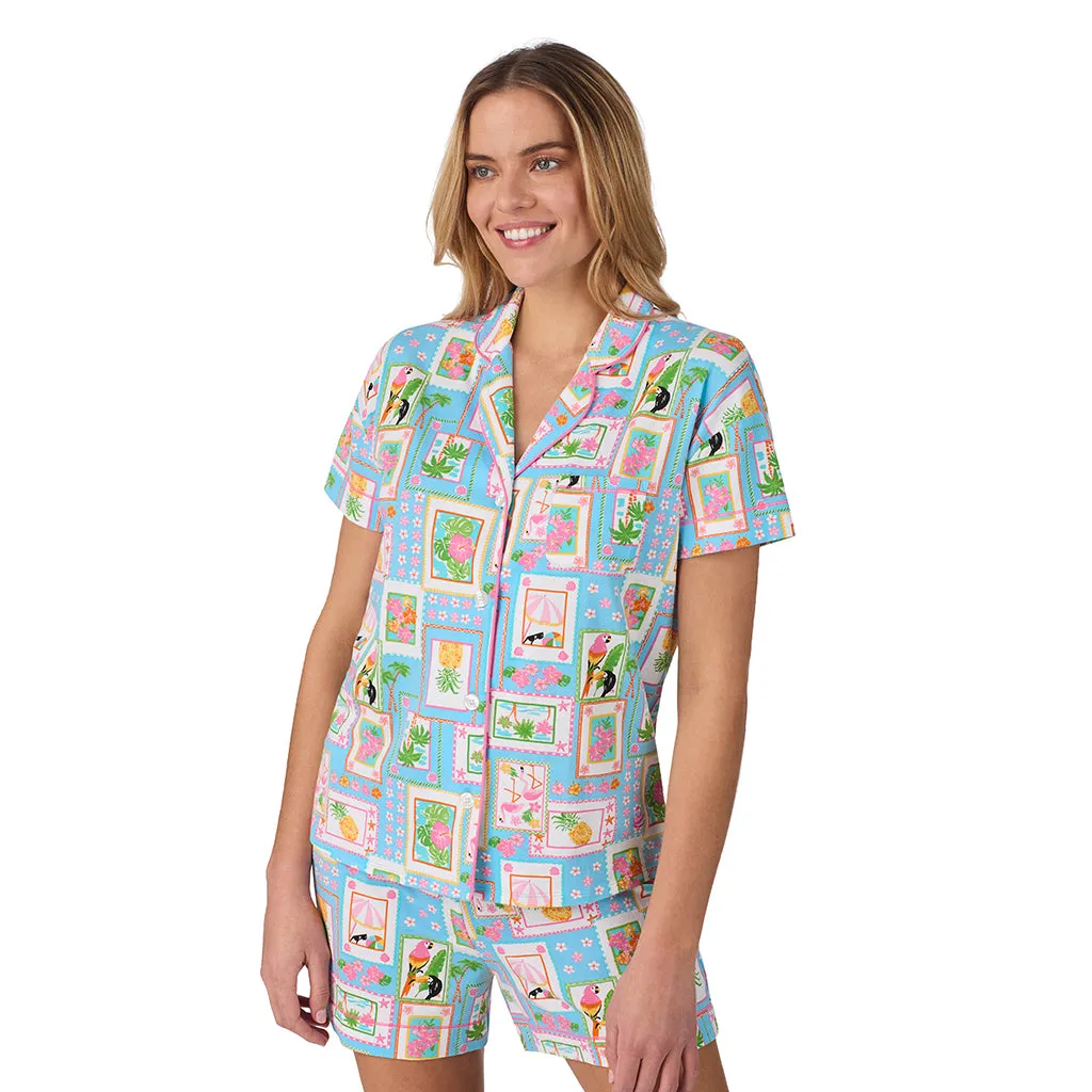 Cotton-Blend Short Sleeve Notch Collar with Boxer Short 2-Pc Pajama Set