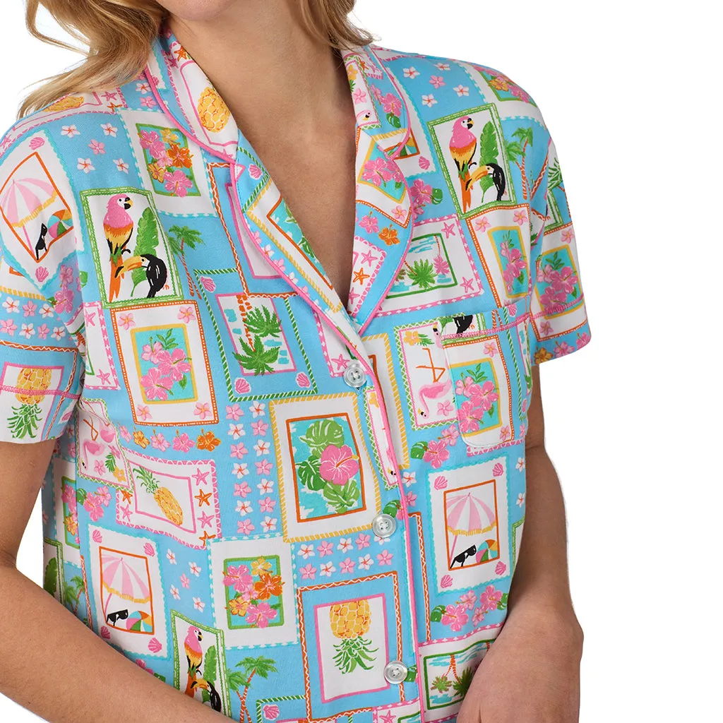 Cotton-Blend Short Sleeve Notch Collar with Boxer Short 2-Pc Pajama Set