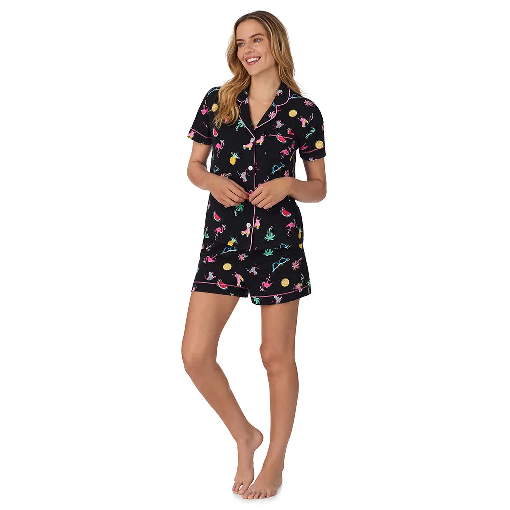 Cotton-Blend Short Sleeve Notch Collar with Boxer Short 2-Pc Pajama Set