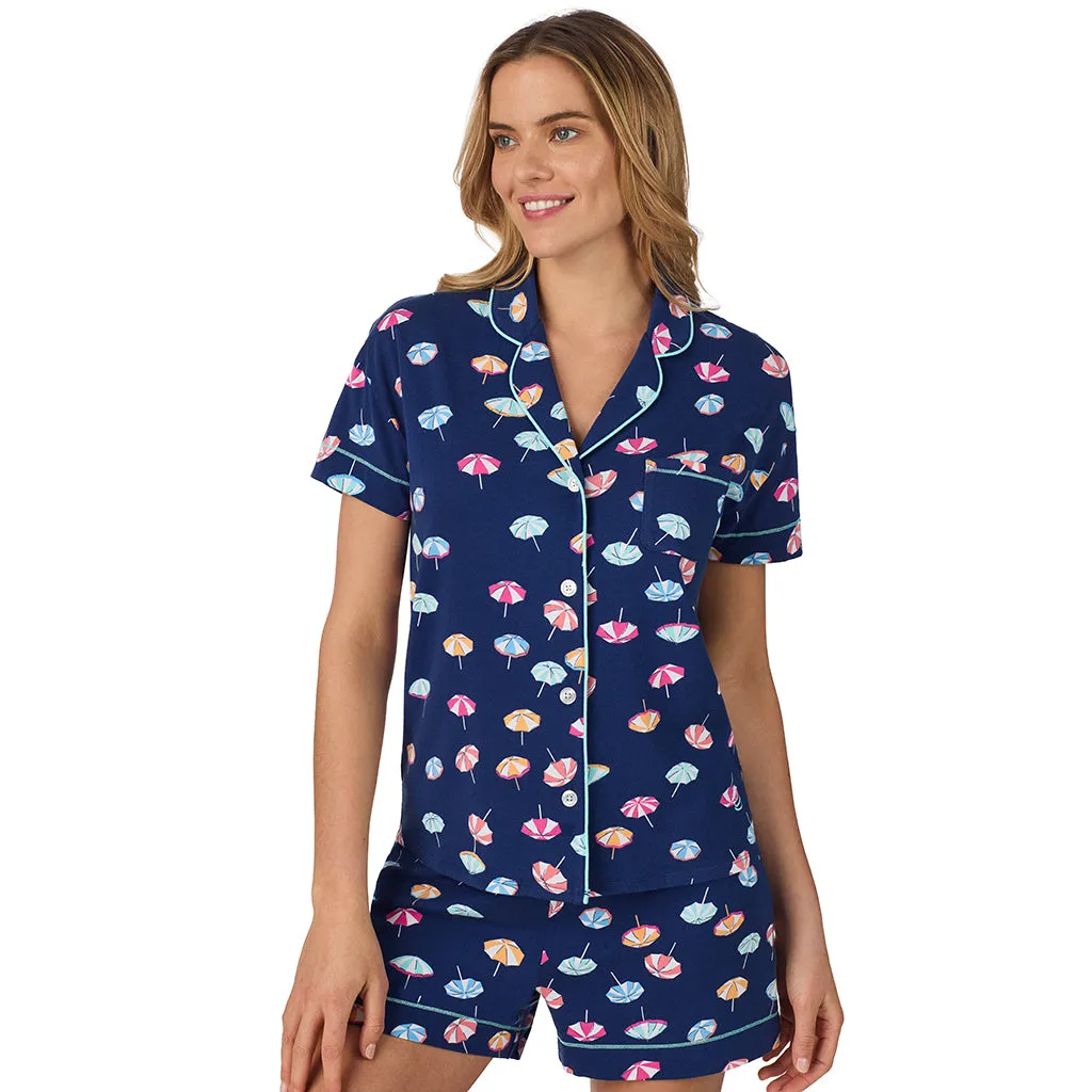 Cotton-Blend Short Sleeve Notch Collar with Boxer Short 2-Pc Pajama Set