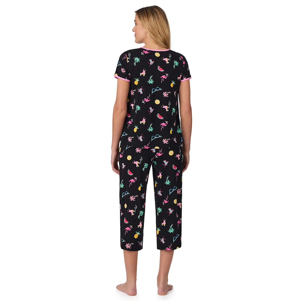 Cotton-Blend Short Sleeve Top with Cropped Pant 2-Pc Pajama Set