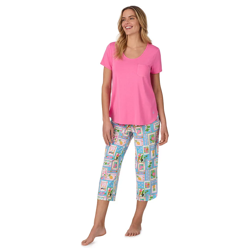 Cotton-Blend Short Sleeve Top with Cropped Pant 2-Pc Pajama Set