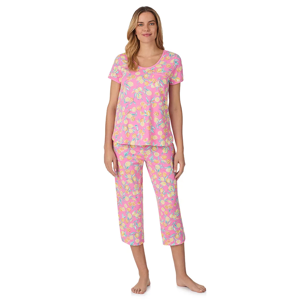 Cotton-Blend Short Sleeve Top with Cropped Pant 2-Pc Pajama Set