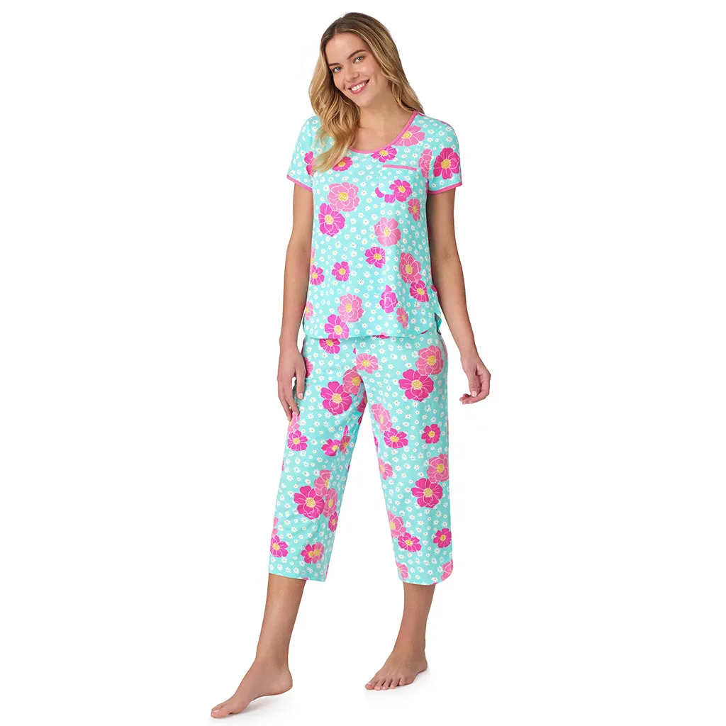 Cotton-Blend Short Sleeve Top with Cropped Pant 2-Pc Pajama Set