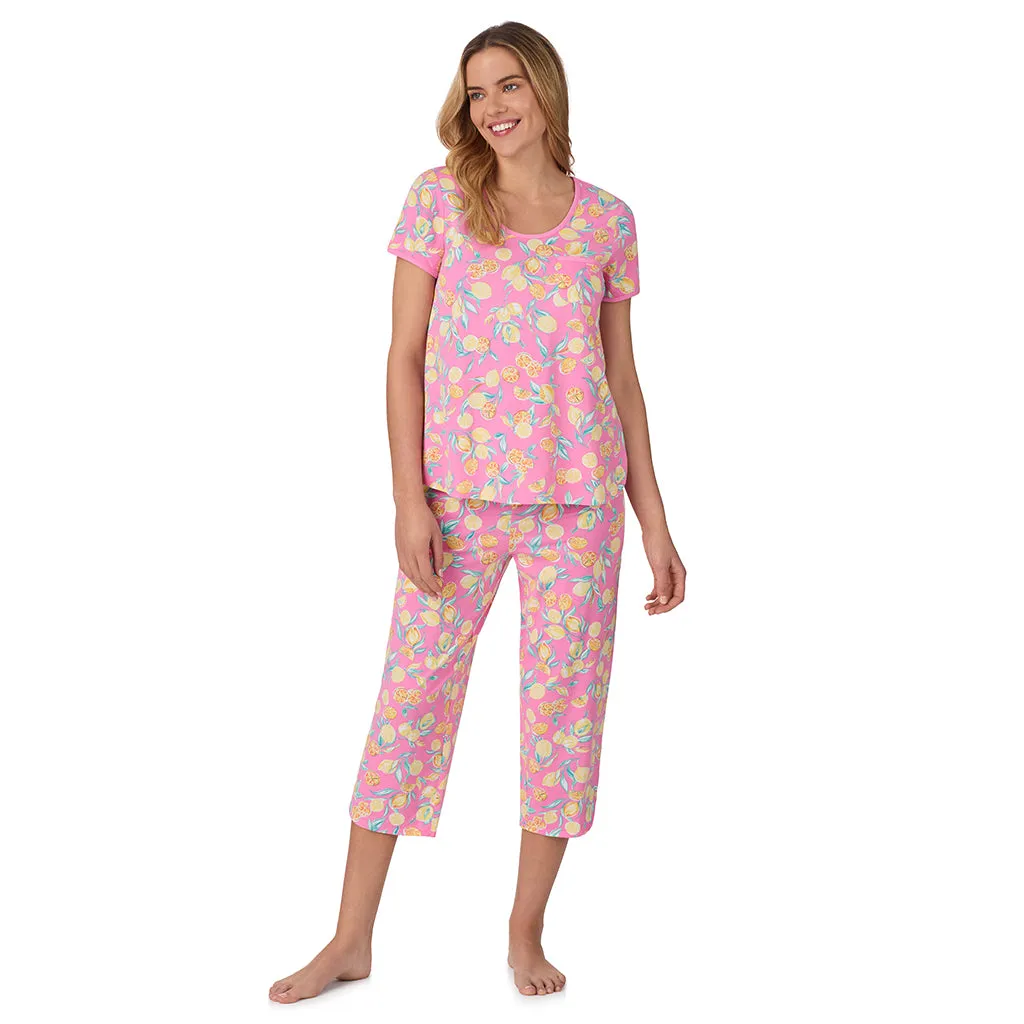 Cotton-Blend Short Sleeve Top with Cropped Pant 2-Pc Pajama Set