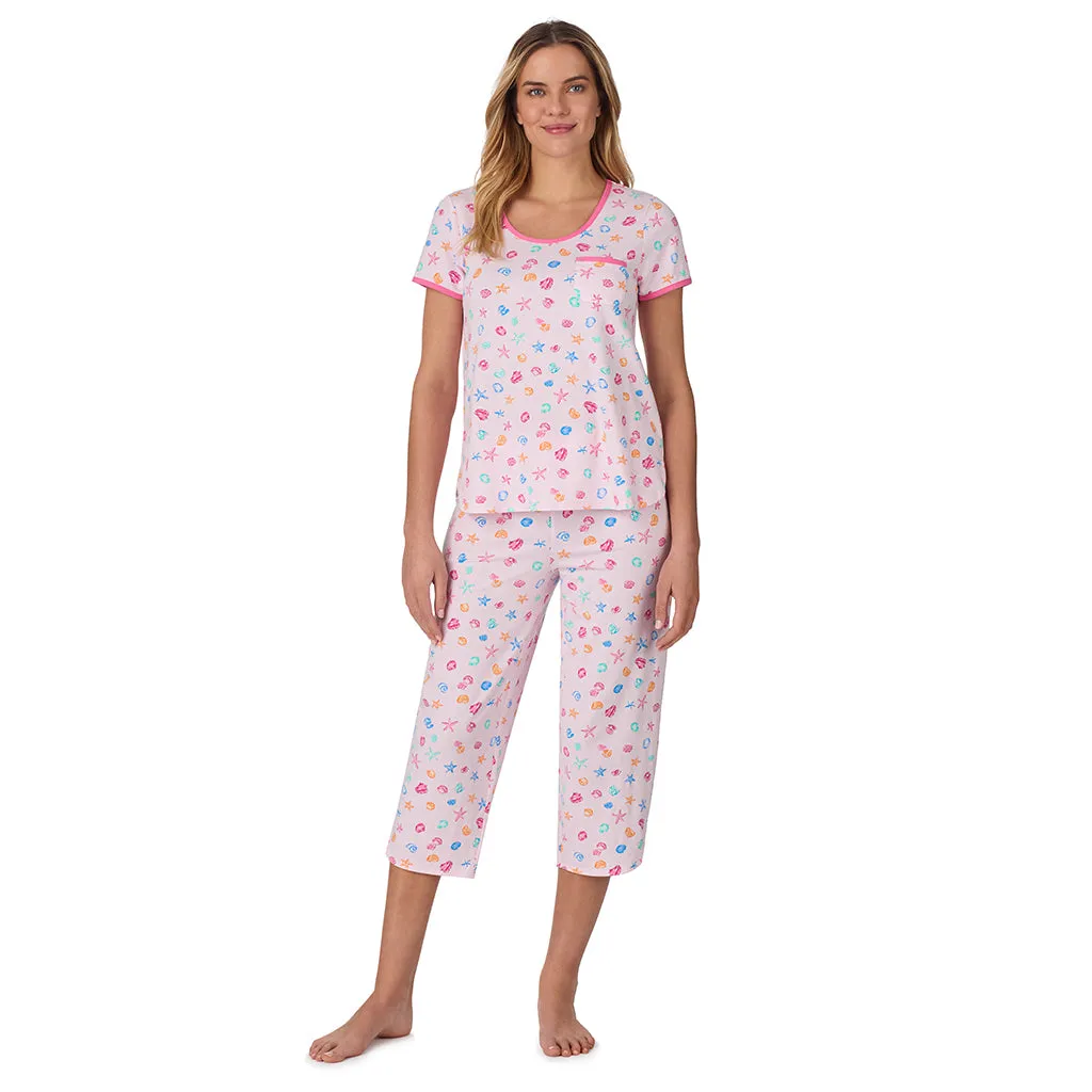 Cotton-Blend Short Sleeve Top with Cropped Pant 2-Pc Pajama Set