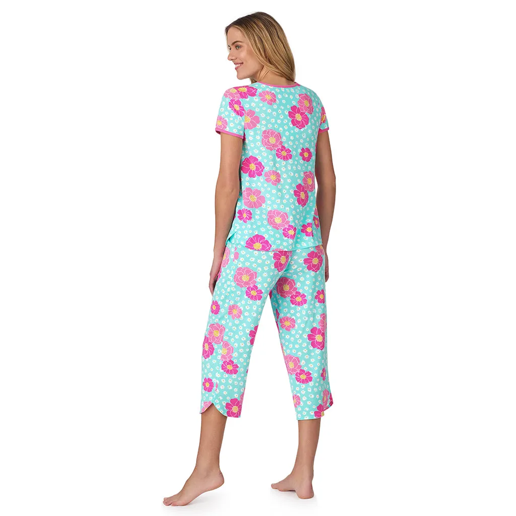 Cotton-Blend Short Sleeve Top with Cropped Pant 2-Pc Pajama Set
