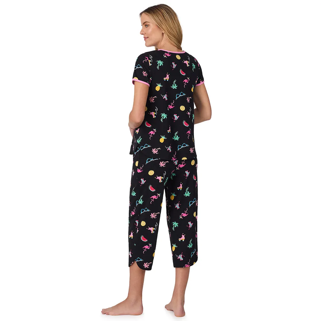 Cotton-Blend Short Sleeve Top with Cropped Pant 2-Pc Pajama Set
