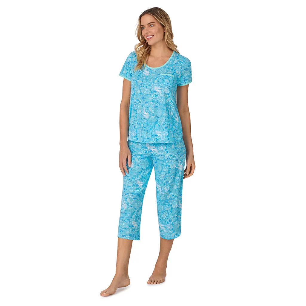 Cotton-Blend Short Sleeve Top with Cropped Pant 2-Pc Pajama Set