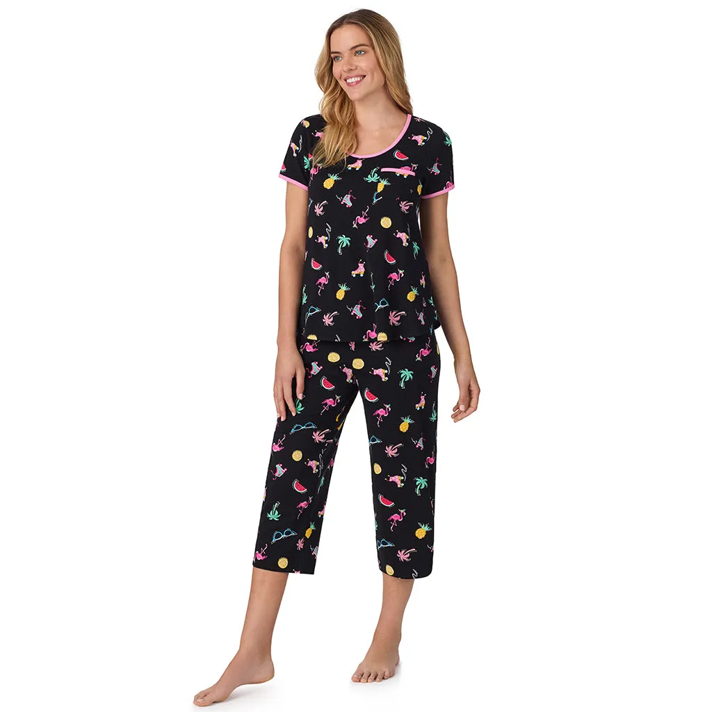 Cotton-Blend Short Sleeve Top with Cropped Pant 2-Pc Pajama Set