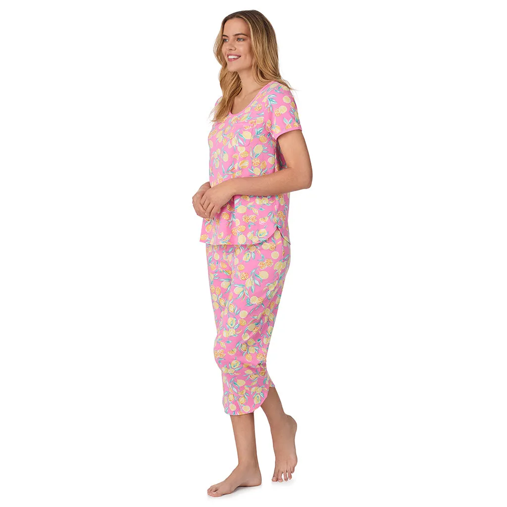 Cotton-Blend Short Sleeve Top with Cropped Pant 2-Pc Pajama Set