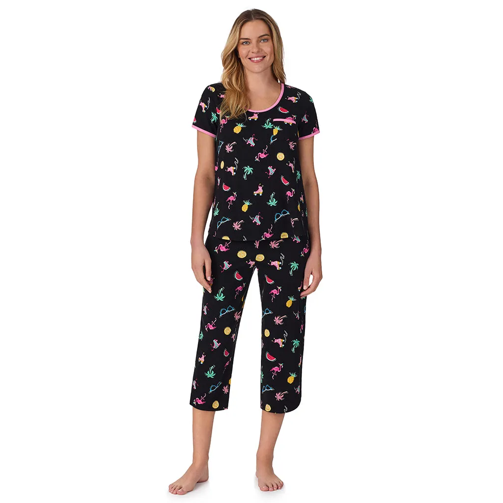 Cotton-Blend Short Sleeve Top with Cropped Pant 2-Pc Pajama Set