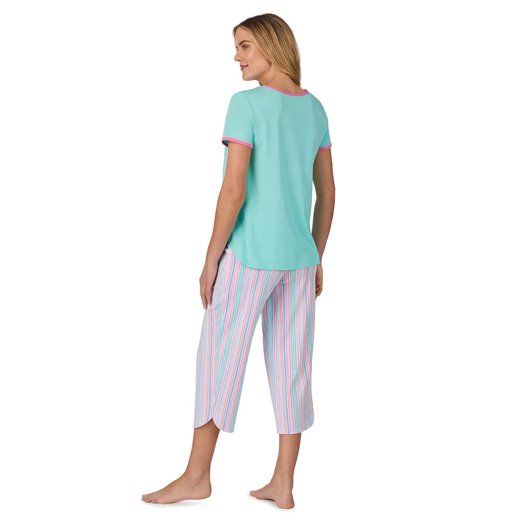 Cotton-Blend Short Sleeve Top with Cropped Pant 2-Pc Pajama Set
