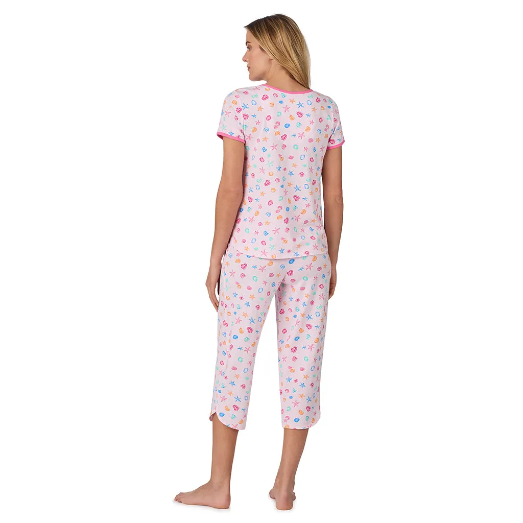 Cotton-Blend Short Sleeve Top with Cropped Pant 2-Pc Pajama Set