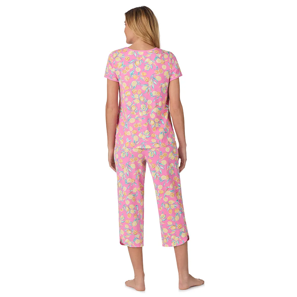 Cotton-Blend Short Sleeve Top with Cropped Pant 2-Pc Pajama Set