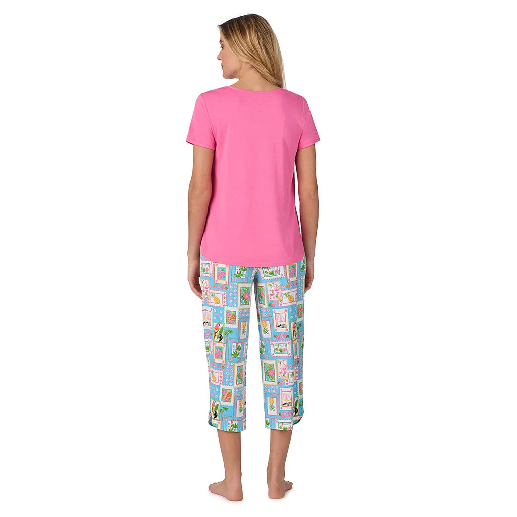 Cotton-Blend Short Sleeve Top with Cropped Pant 2-Pc Pajama Set