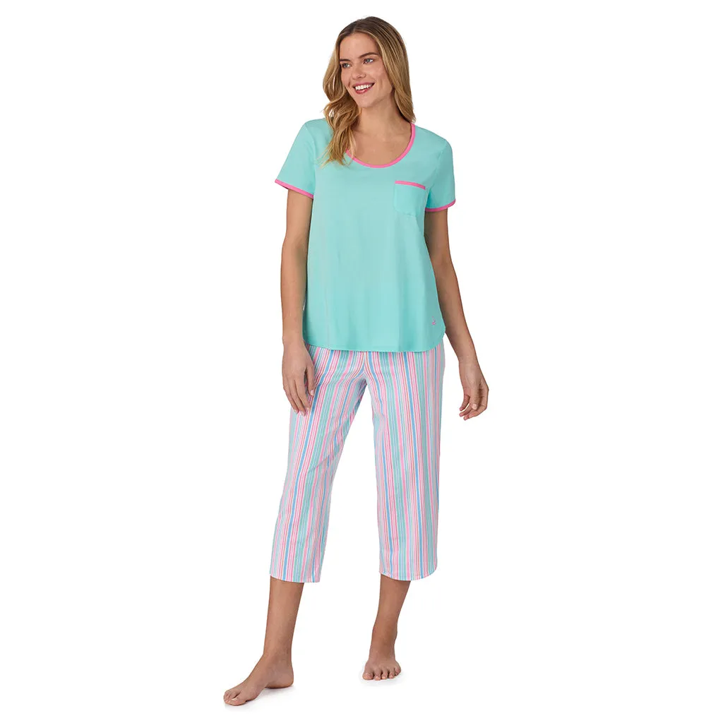 Cotton-Blend Short Sleeve Top with Cropped Pant 2-Pc Pajama Set