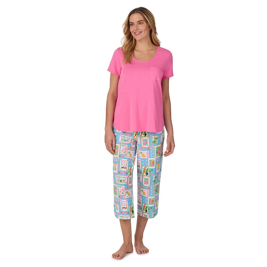Cotton-Blend Short Sleeve Top with Cropped Pant 2-Pc Pajama Set