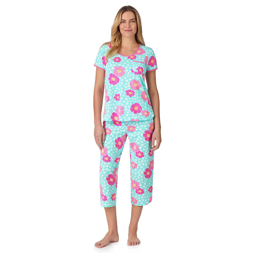 Cotton-Blend Short Sleeve Top with Cropped Pant 2-Pc Pajama Set