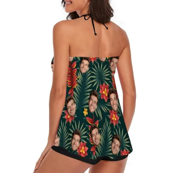 Custom Face Palm Leaves Pattern Tankini Two-piece Swimsuit