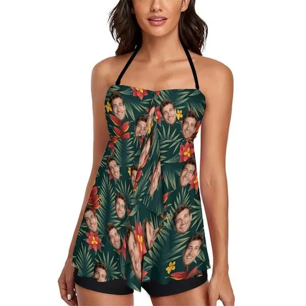 Custom Face Palm Leaves Pattern Tankini Two-piece Swimsuit