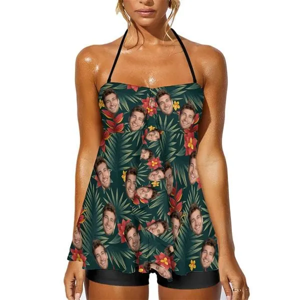Custom Face Palm Leaves Pattern Tankini Two-piece Swimsuit