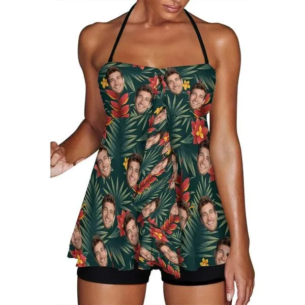 Custom Face Palm Leaves Pattern Tankini Two-piece Swimsuit
